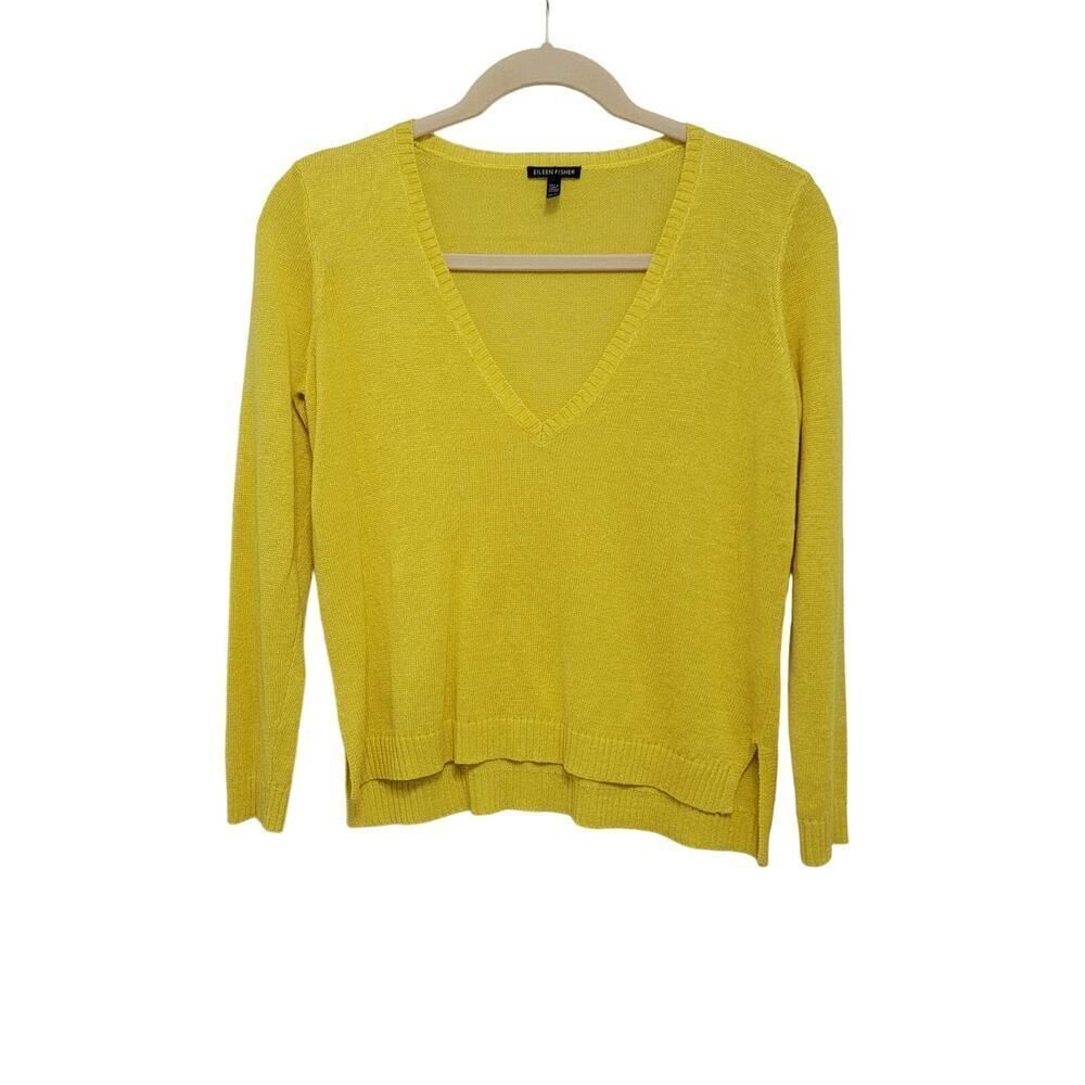 Eileen Fisher Lightweight Deep V Sweater Chartreuse Yellow Oversized XS